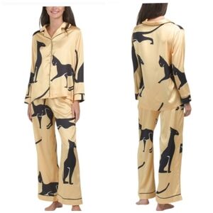 DALIA MACPHEE BLACK/GOLD Satin Sphinx Pajama Set